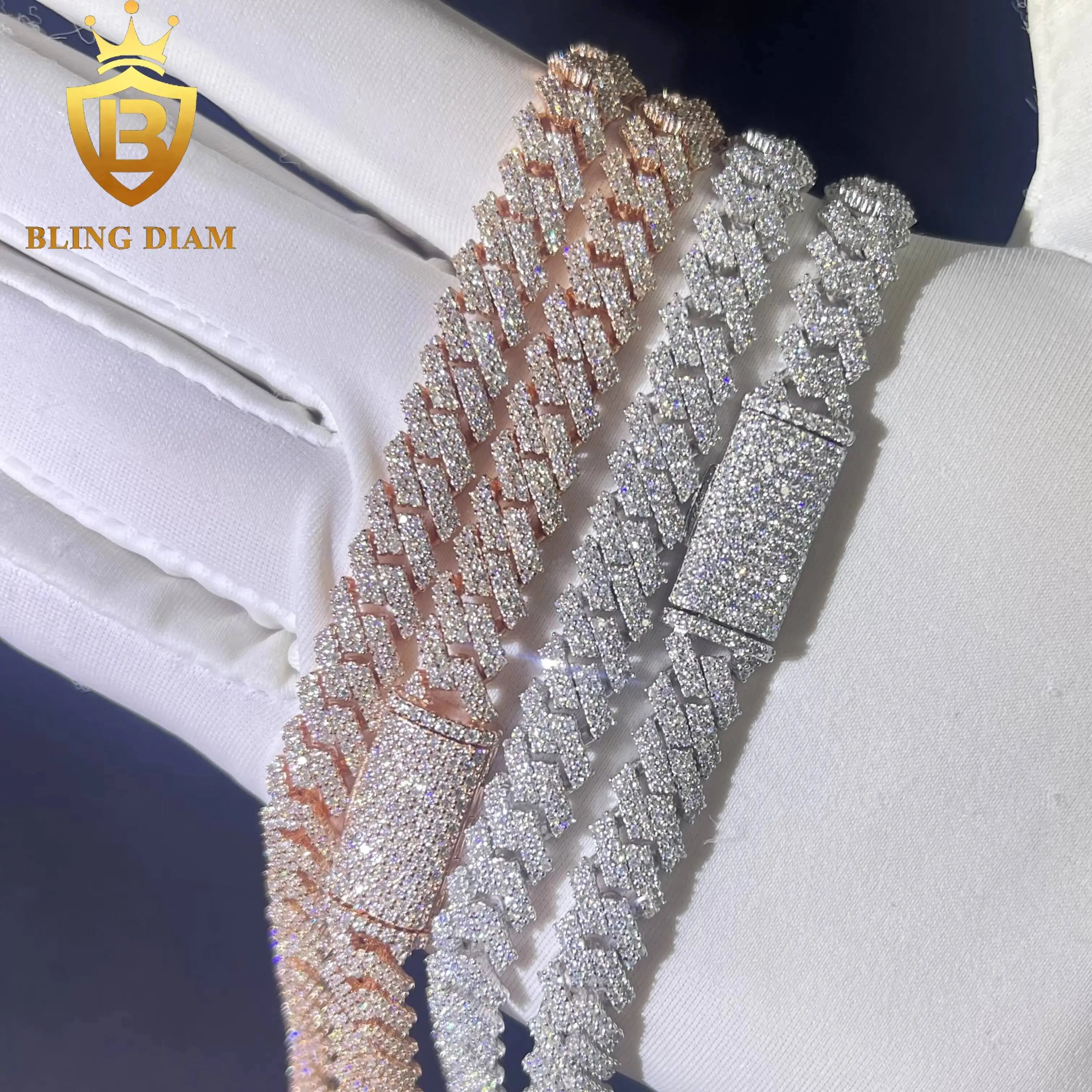 8mm  2 Rows Moissanite Miami Rose Gold Cuban Link Chain 925 Sterling Silver Necklace