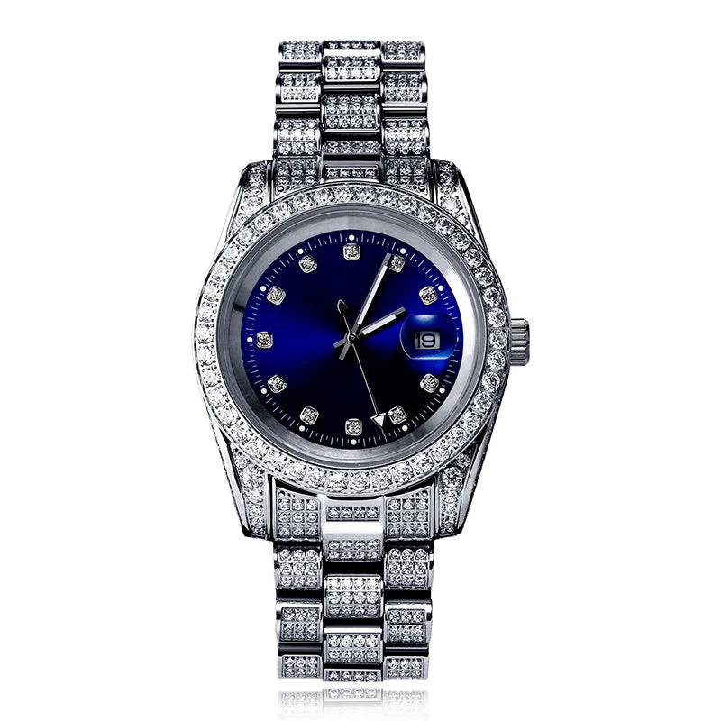 Rolex Style  Date Quartz Watch Waterproof Watches Iced  Out Stone Paved Bling Iced Out Stainless Steel Watch for Men Charm Jewelry