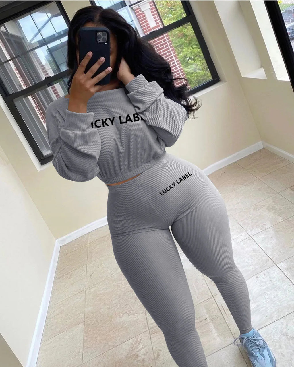 Two Piece Ribbed Tracksuits Fall Spring Long Sleeve Sweatshirt and Skinny Pants Set