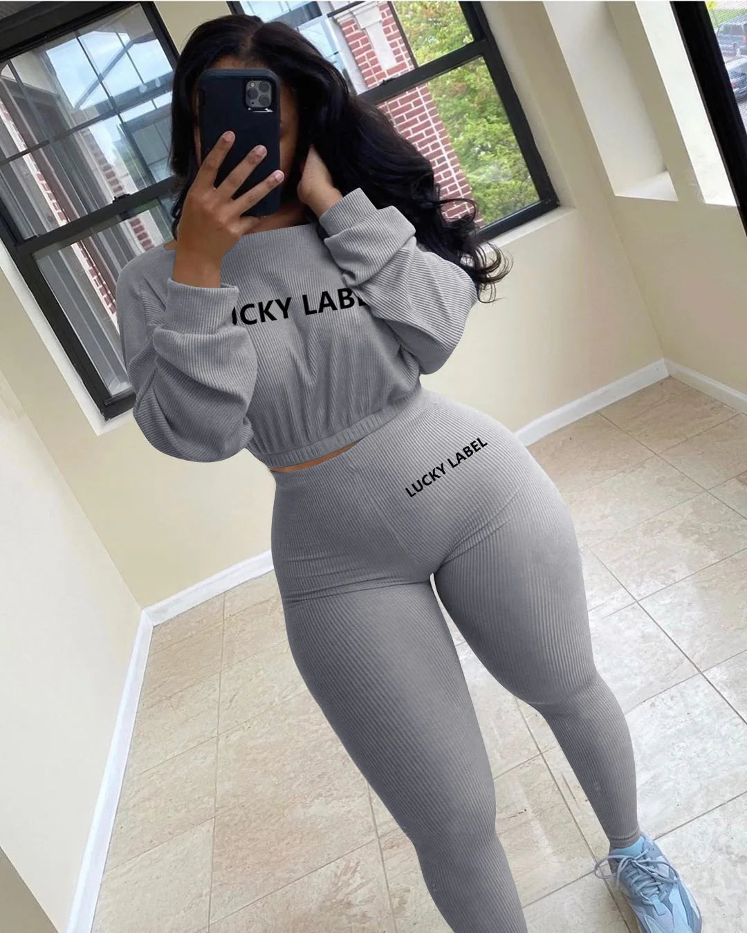 Two Piece Ribbed Tracksuits Fall Spring Long Sleeve Sweatshirt and Skinny Pants Set