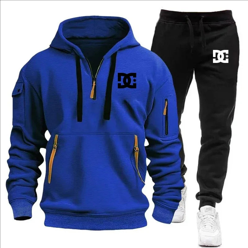 2Pcs Fleece Lined Outfit Autumn Winter Half Zip Hooded Sweatshirt High Waist Jogger Pants With Zipper Pockets Set