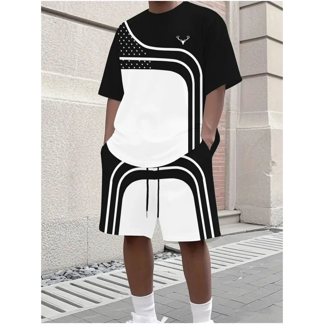 Men's Stripe Print Comfortable Breathable Round Neck T-shirt Shorts Set Outdoor High Street Clothing T-shirt Sets