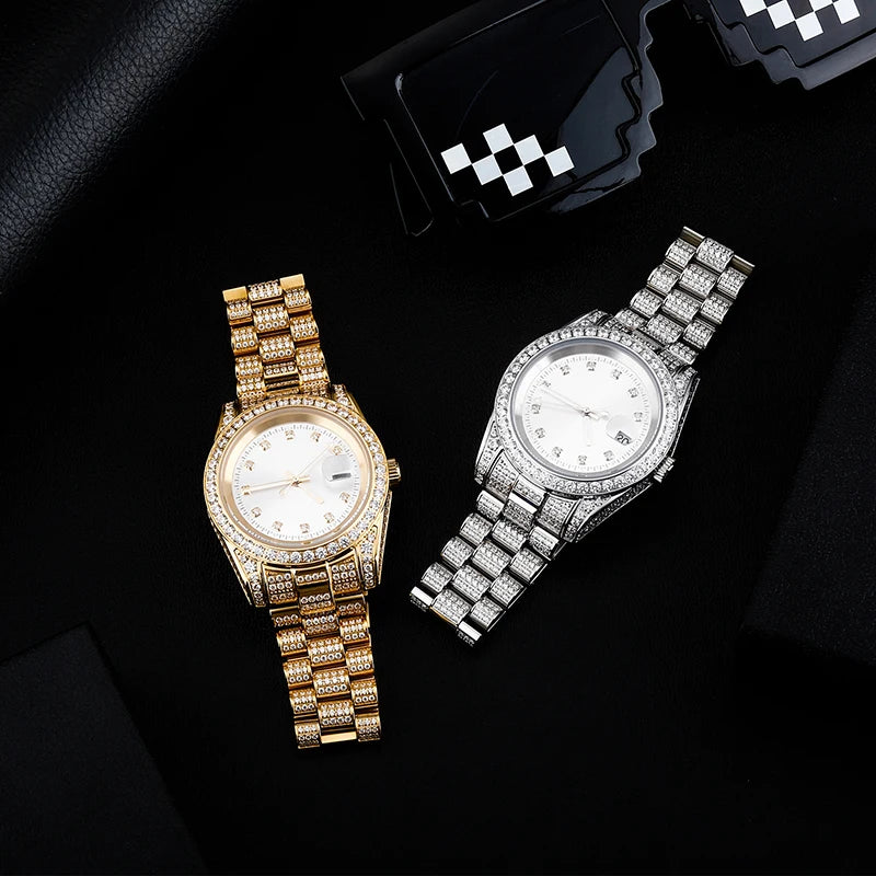 Rolex Style  Date Quartz Watch Waterproof Watches Iced  Out Stone Paved Bling Iced Out Stainless Steel Watch for Men Charm Jewelry