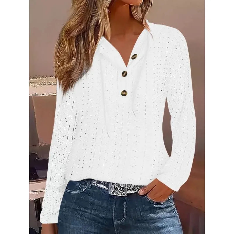 Plus Size Casual Solid Color Women's Hoodie Item Solid Color V-neck Hooded Button Loose Long Sleeved Hoodie Top For Women ﻿