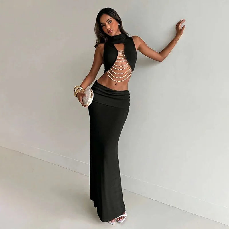 Elegant Banquet 2 Piece Set Women Sexy Bead Patchwork Turtleneck Tank Top+Ruched Mesh Hem Skirts Chic Party Clubwear