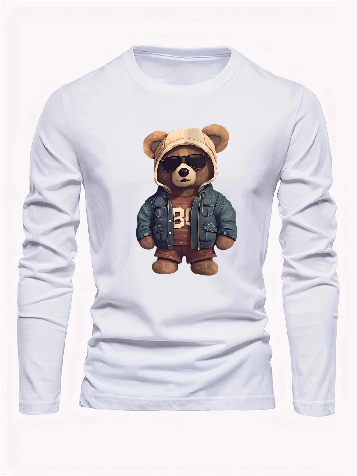 Men's casual long sleeved round neck loose bear pattern printed autumn and winter T-shirt top versatile