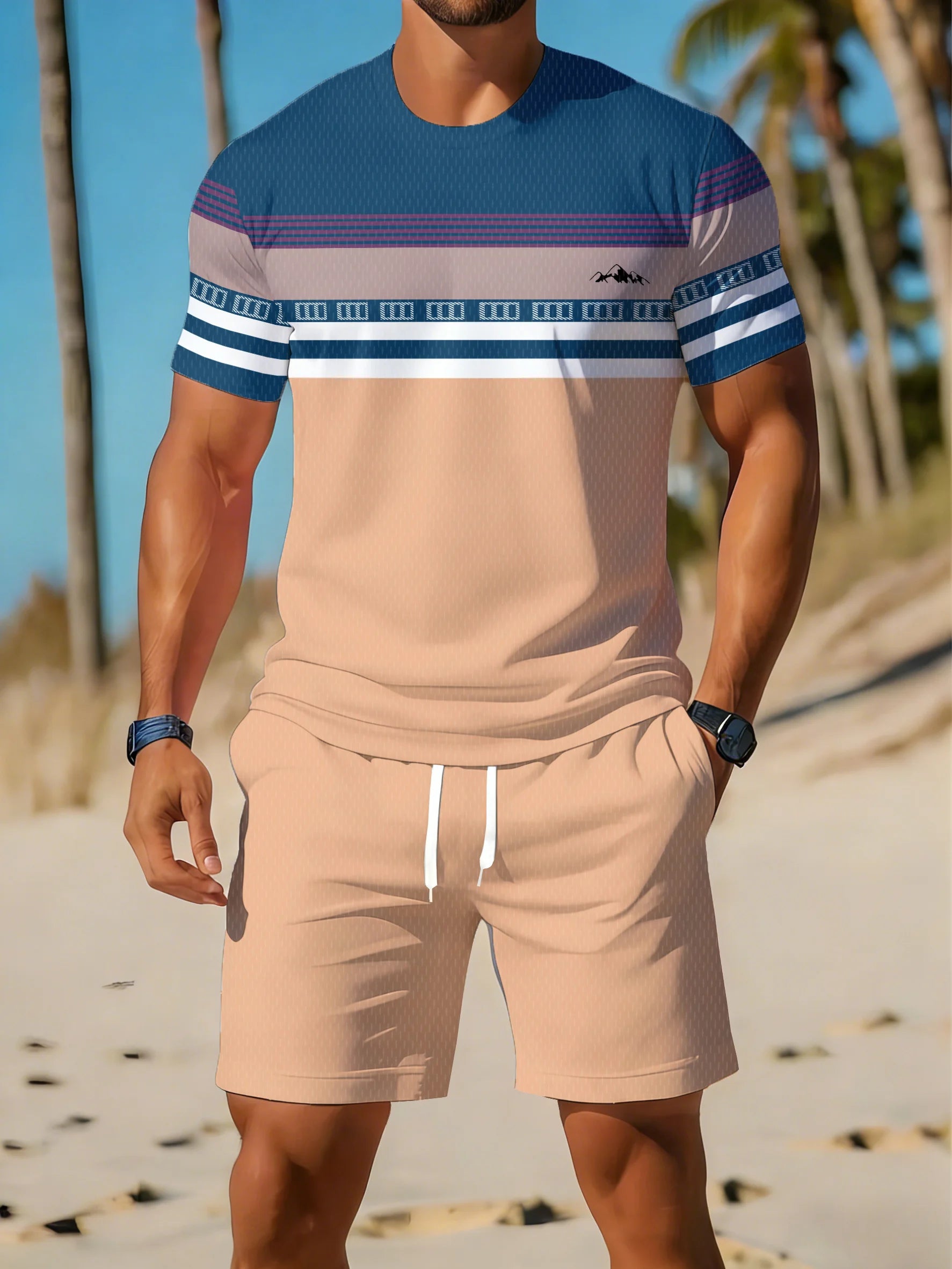 Men's Short-Sleeved Shorts Set - Street Casual Fashion Comfortable Soft Breathable 3D Stripes Pattern Print