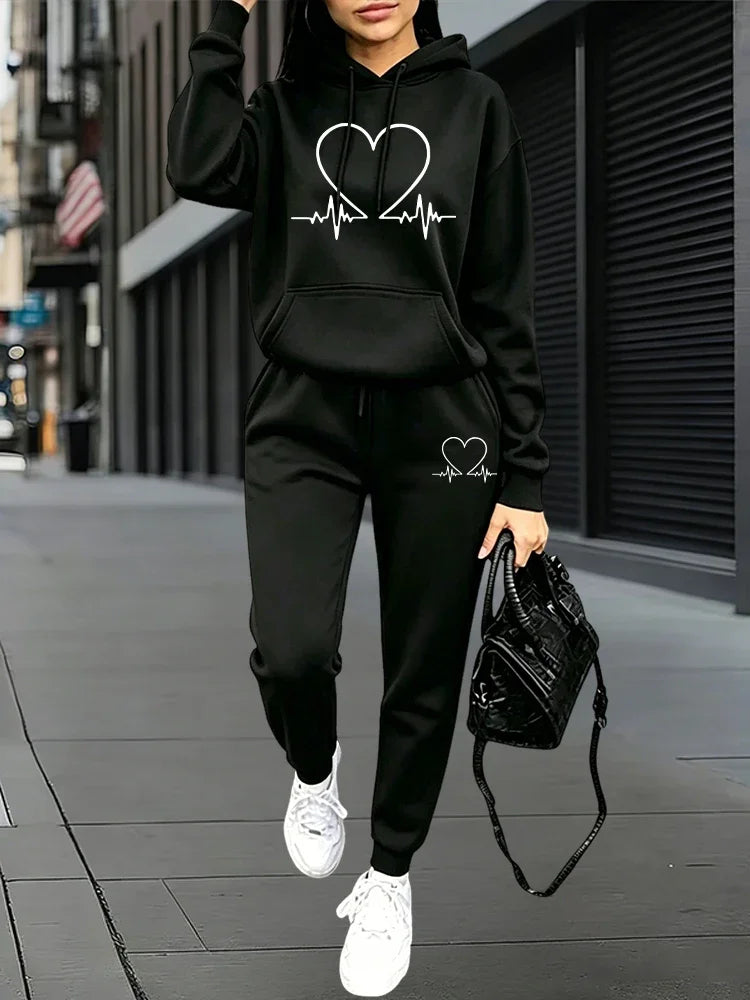 2026 New Arrival Women's Tracksuit Hoodie and Sweatpants Heart Printed Hooded Outfit Fall Winter Daily Casual Sports Jogger Suit
