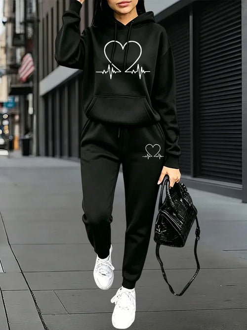 2026 New Arrival Women's Tracksuit Hoodie and Sweatpants Heart Printed Hooded Outfit Fall Winter Daily Casual Sports Jogger Suit