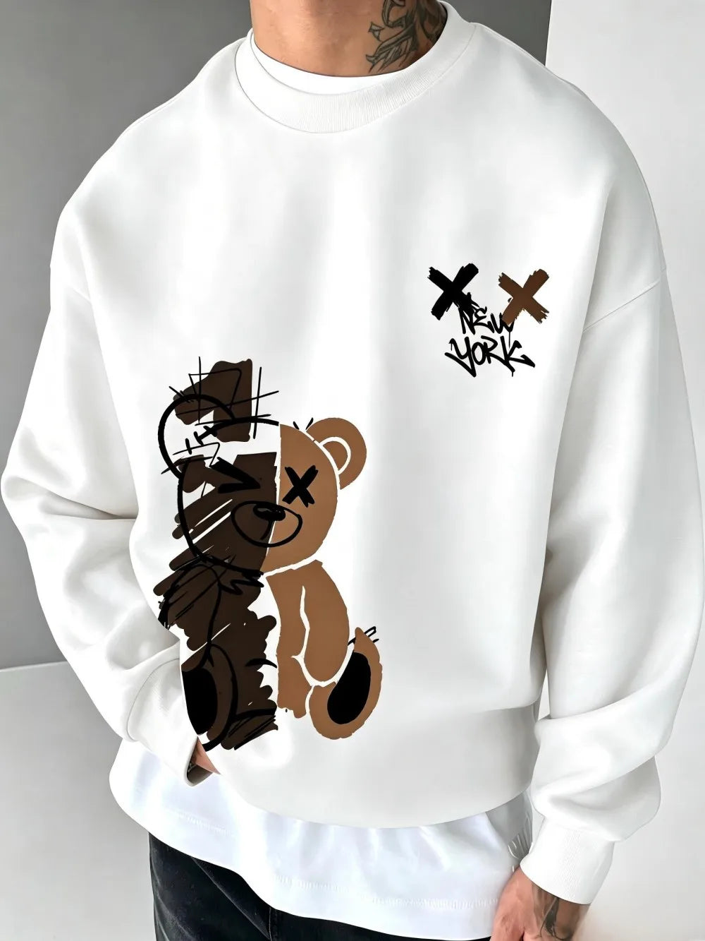 American men's autumn spliced teddy bear letter print soft and comfortable round neck long sleeved T-shirt outdoor casual top