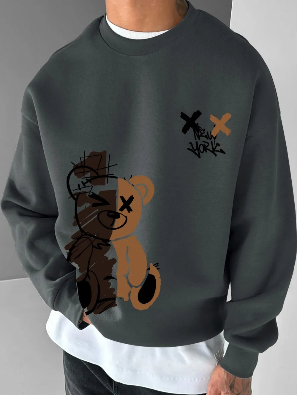 American men's autumn spliced teddy bear letter print soft and comfortable round neck long sleeved T-shirt outdoor casual top