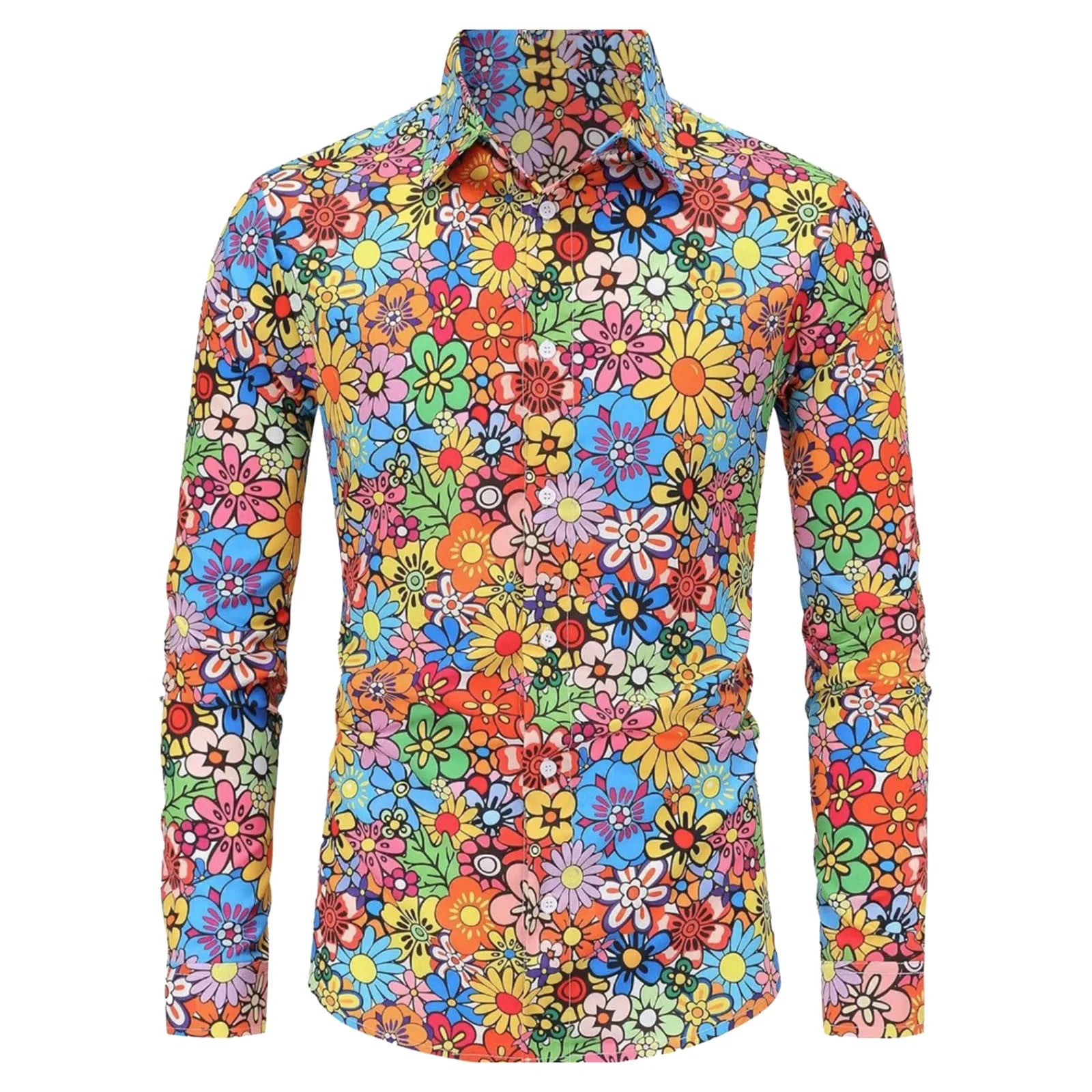 Men's Colorful Floral Print Long Sleeve Shirts Hippie Style Retro Flower Pattern Button Down Blouse Casual Hawaiian Summer Shirt