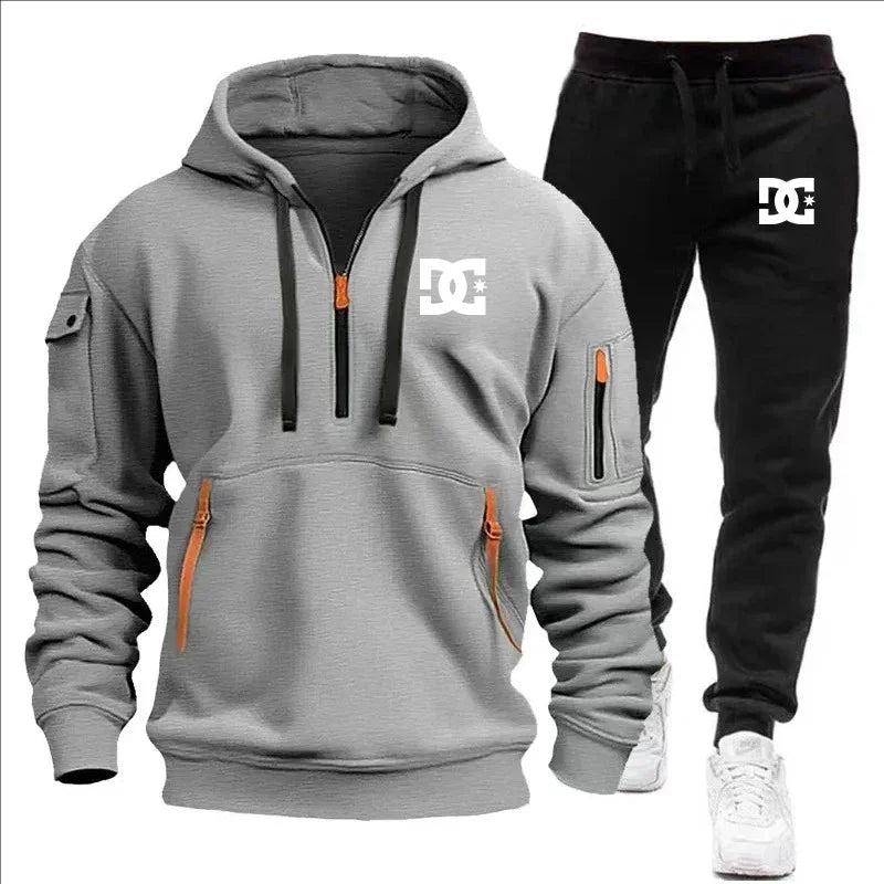 2Pcs Fleece Lined Outfit Autumn Winter Half Zip Hooded Sweatshirt High Waist Jogger Pants With Zipper Pockets Set