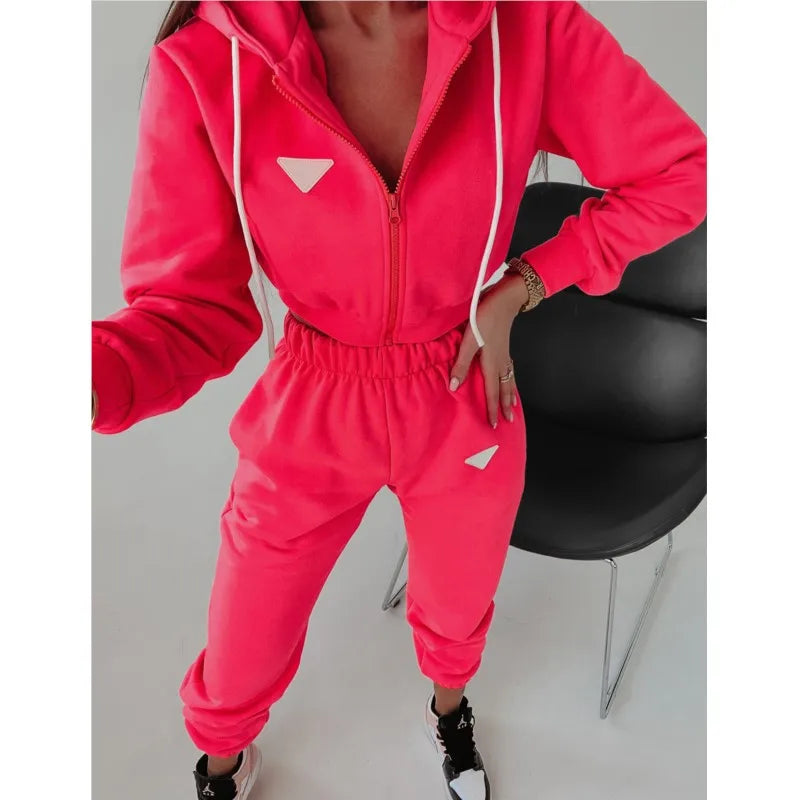 Women's Solid Color Spring Autumn Hooded Pullover Pants Set