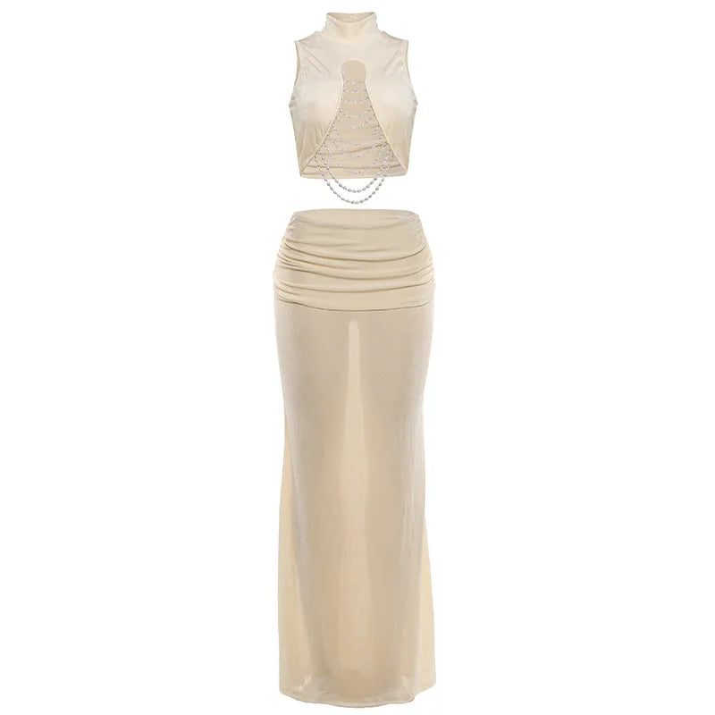 Elegant Banquet 2 Piece Set Women Sexy Bead Patchwork Turtleneck Tank Top+Ruched Mesh Hem Skirts Chic Party Clubwear