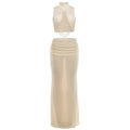 Elegant Banquet 2 Piece Set Women Sexy Bead Patchwork Turtleneck Tank Top+Ruched Mesh Hem Skirts Chic Party Clubwear