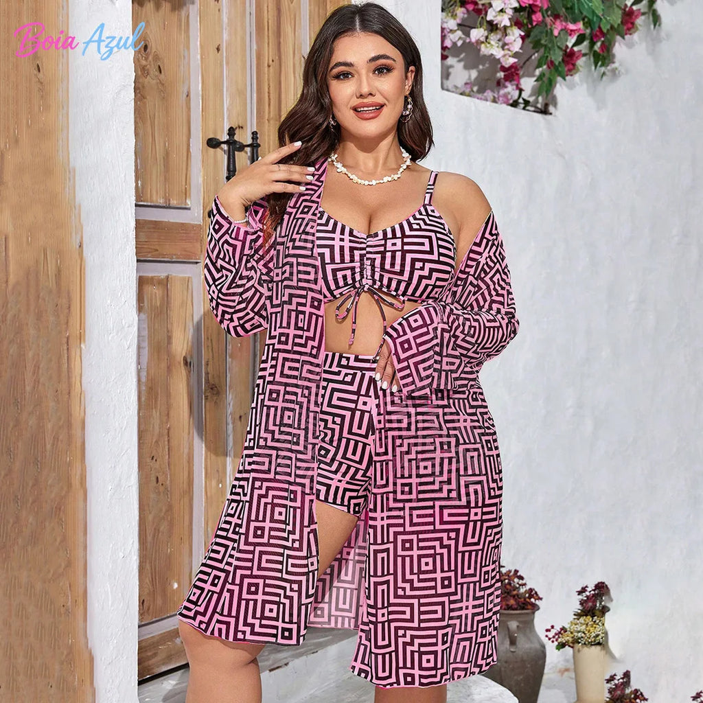 Plus Size three Piece Swimsuit Set Geometric Print Drawstring Cami Top Long Sleeve Cover Up Beach Bathing Suit