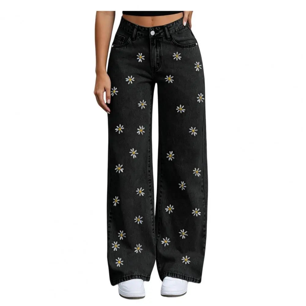 Bow Cherry Print Baggy Wide Leg Jeans
