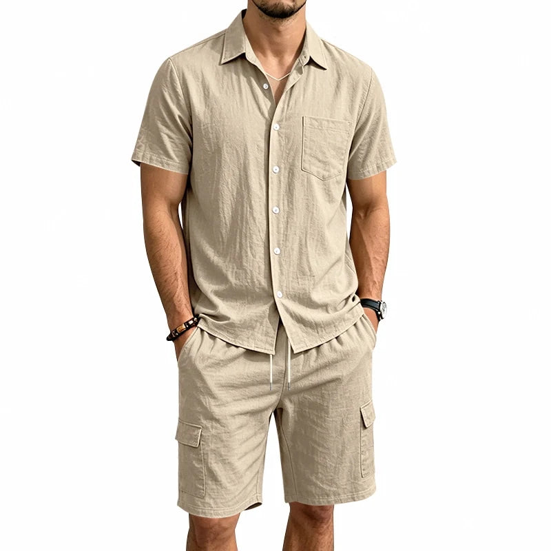 Men Summer American Linen Two Piece Set Short Sleeve Shirt Drawstring Cargo Shorts Loose Casual Outdoor Commute Vacation Outfit