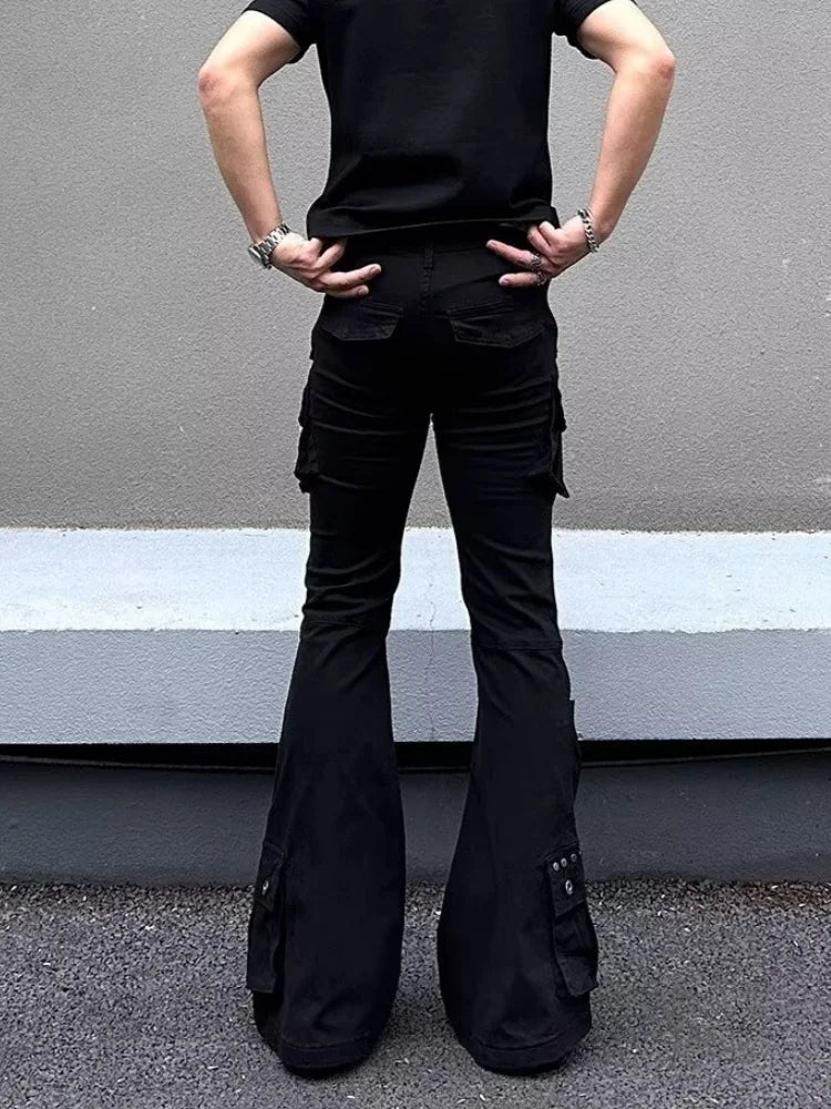 Multi Pockets Black Slim Flared Jeans