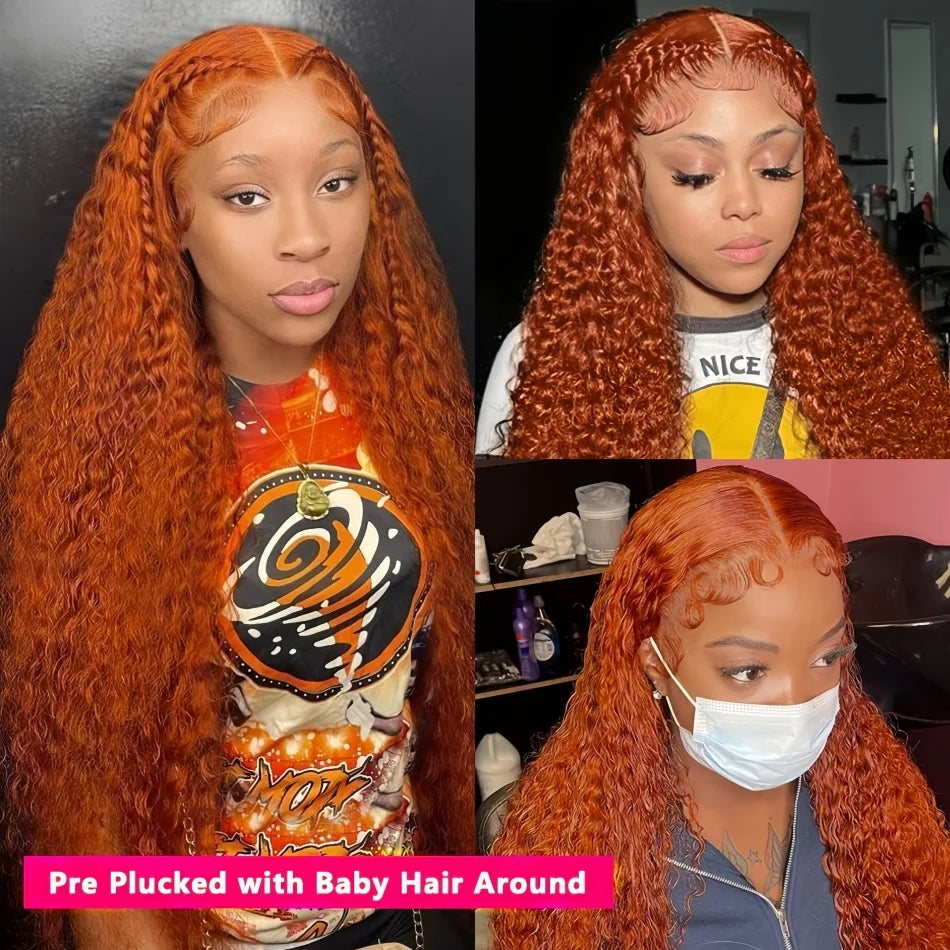 30Inch Orange Ginger Water Wave Lace Front Wig