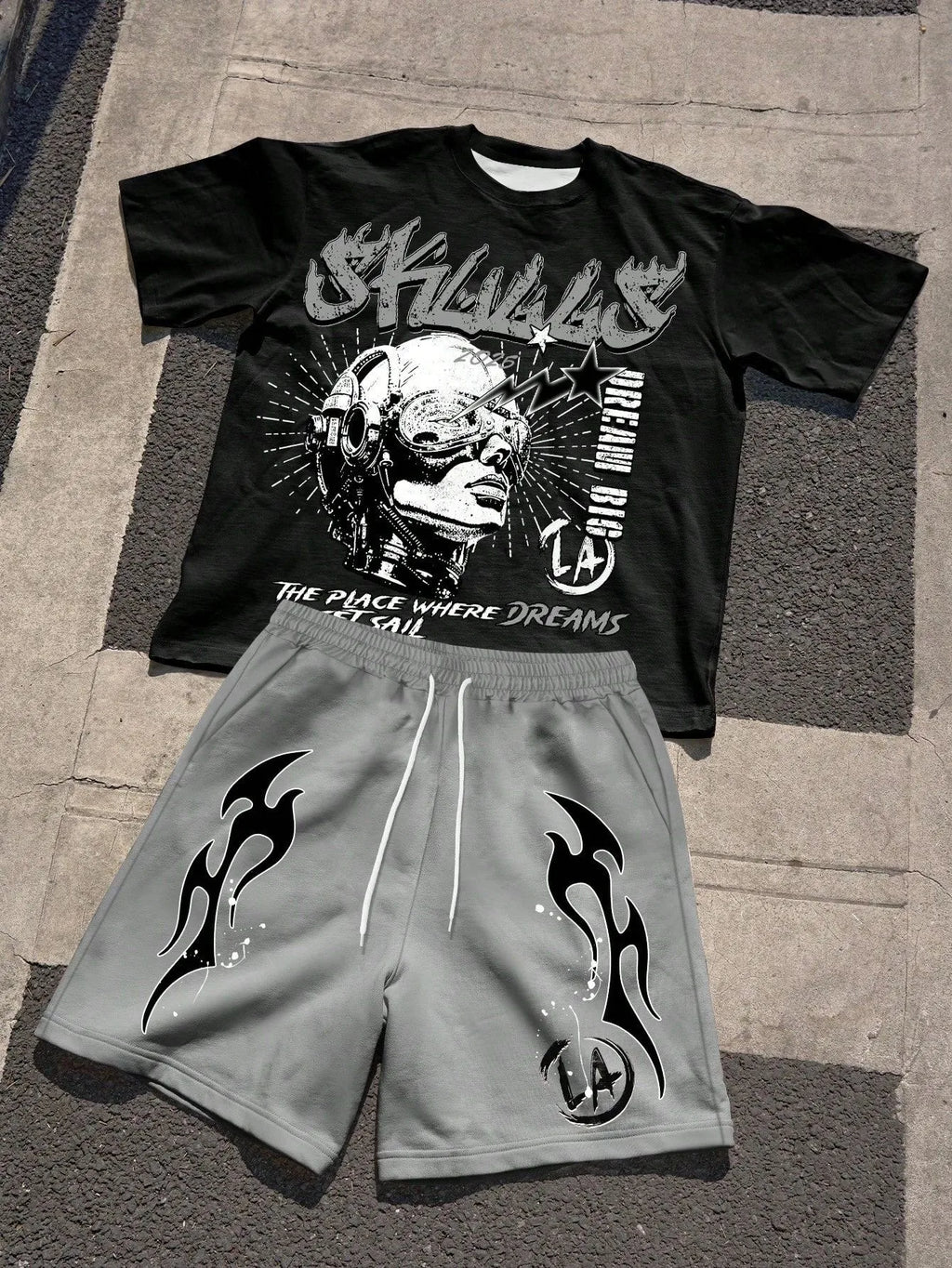 Men's Short-Sleeved Shorts Set with 3D Letter Pattern Printing - Street Casual Fashion Comfortable and Soft