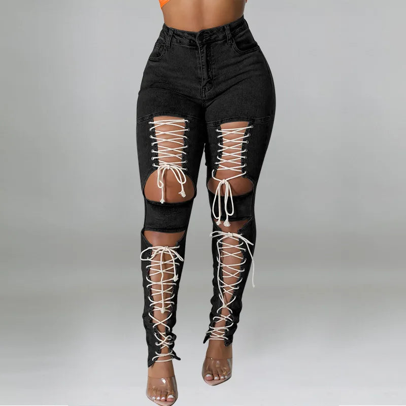 Street Personality Corns Rope Sexy High-wasit Jeans. Ladies Summer Fashion Comfortable Casual Washed Denim Small Leg Pants Women