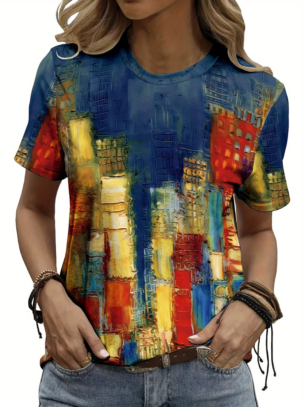 Vibrant Cityscape Women's Tee - Abstract Urban Art Graphic, Colorful Painting Print Design for Casual Daily Wear