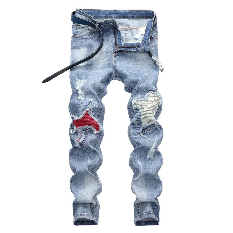 Men's Personalized Ripped Jeans Light Blue Streetwear Stretch Straight Slim Fit Casual Motorcycle Denim Trousers Male