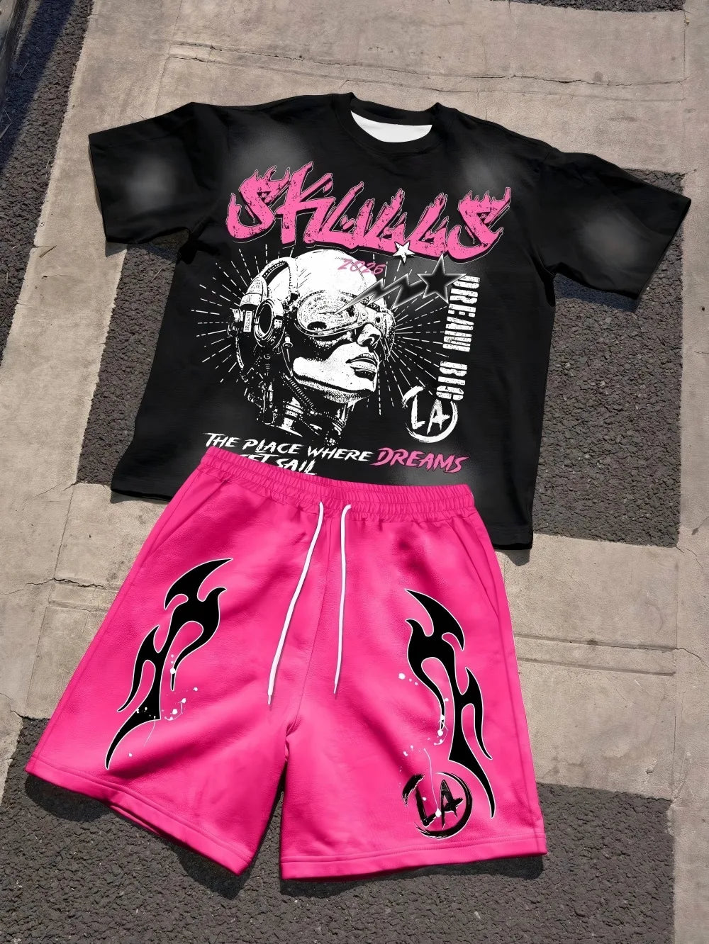 Men's Short-Sleeved Shorts Set with 3D Letter Pattern Printing - Street Casual Fashion Comfortable and Soft