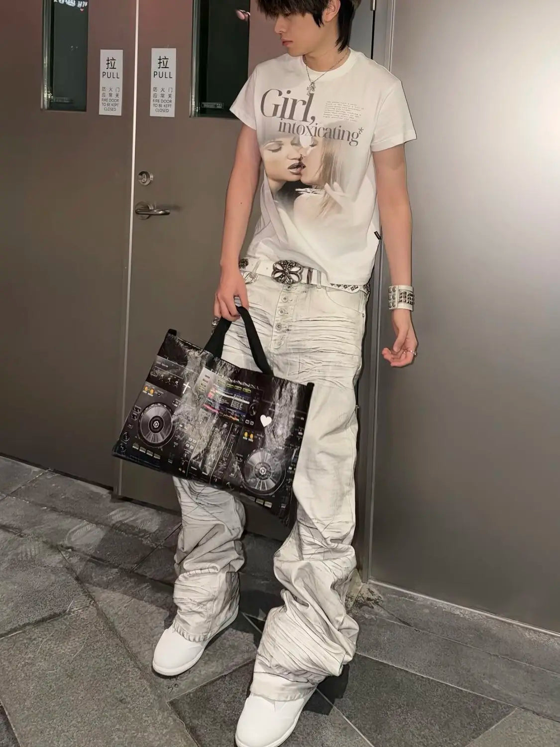 Men's Stacking Effect Casual Pants Dirty White Streetwear Boy Bottom Wide-leg Trousers High Waist Sweatpants Male Long Pants