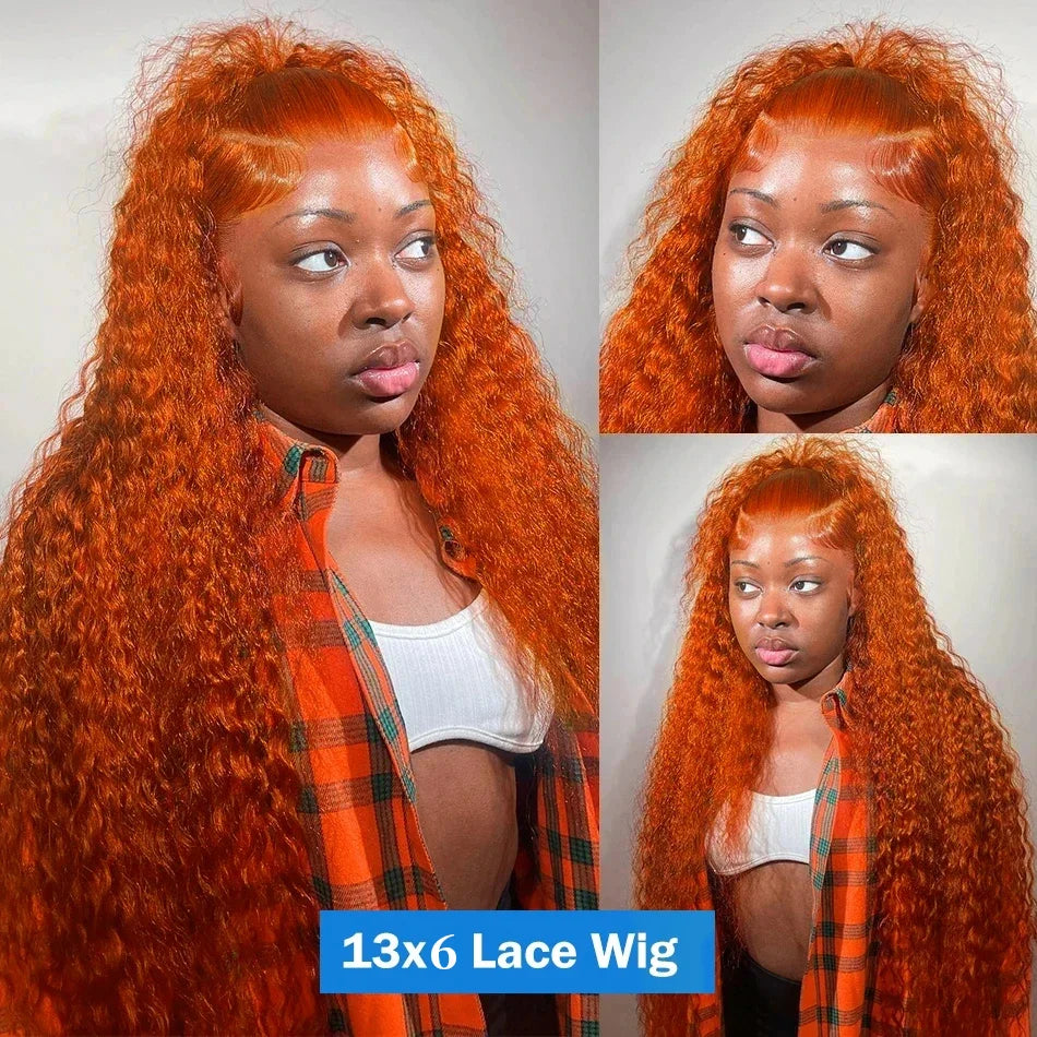 30Inch Orange Ginger Water Wave Lace Front Wig