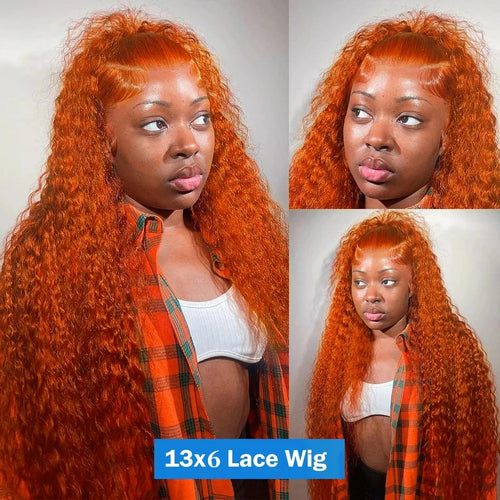 30Inch Orange Ginger Water Wave Lace Front Wig