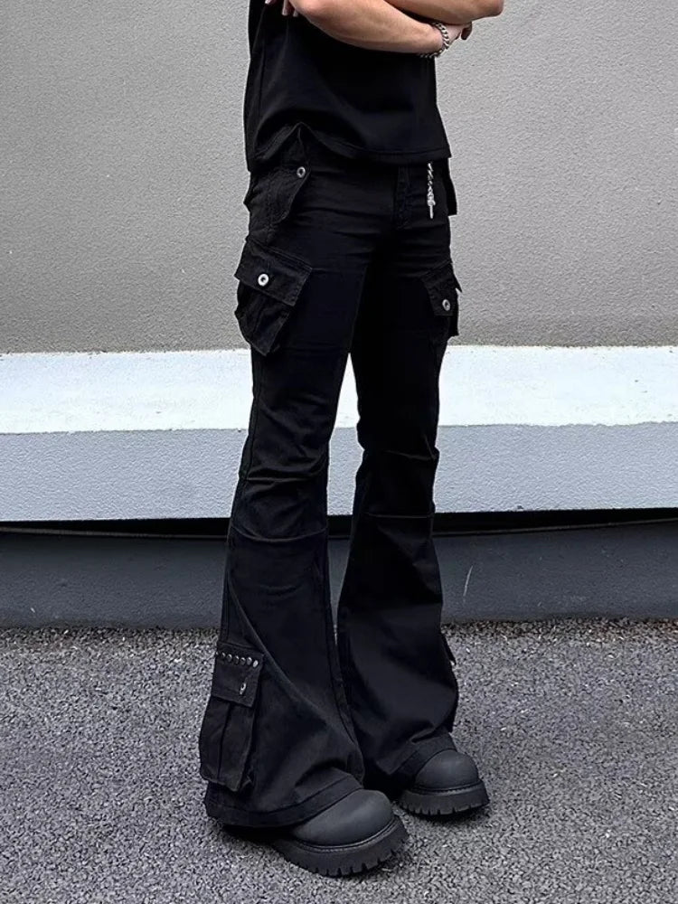 Multi Pockets Black Slim Flared Jeans