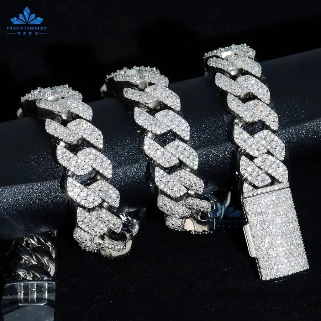 Iced Out Moissanite Cuban Link 3 Rows 18mm 925 Sterling Silver Cuban Necklace Bracelet..