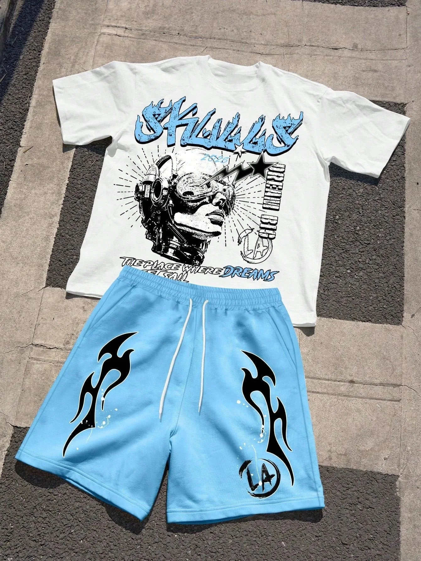 Men's Short-Sleeved Shorts Set with 3D Letter Pattern Printing - Street Casual Fashion Comfortable and Soft