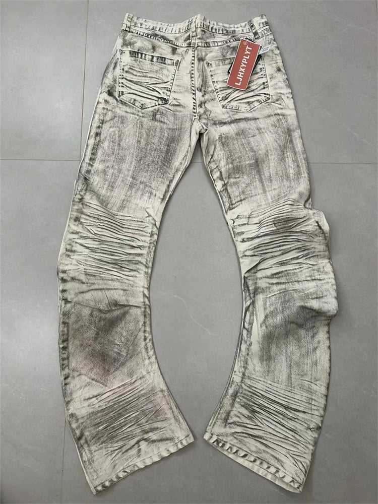 Men's Stacking Effect Casual Pants Dirty White Streetwear Boy Bottom Wide-leg Trousers High Waist Sweatpants Male Long Pants