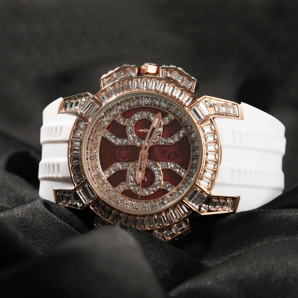 Iced Out Round Quartz Watch For Men Stainless Steel Sports Waterproof Type Fashion Red Dial Plate Anniversary Gift