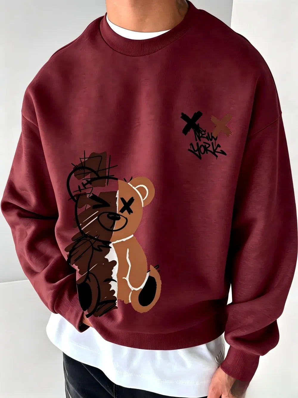 American men's autumn spliced teddy bear letter print soft and comfortable round neck long sleeved T-shirt outdoor casual top