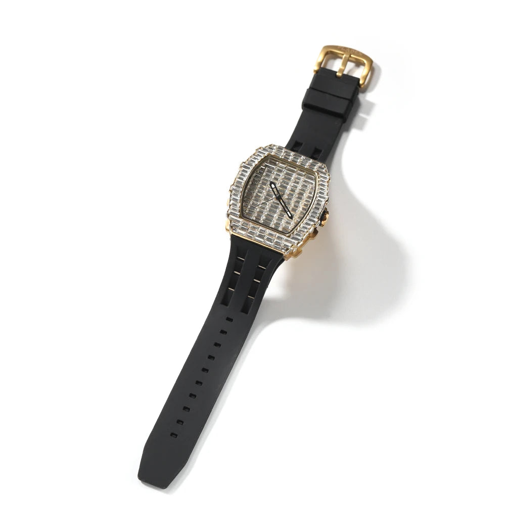 Full Iced Out Baguette Stones Square Watch With Silicone Strap