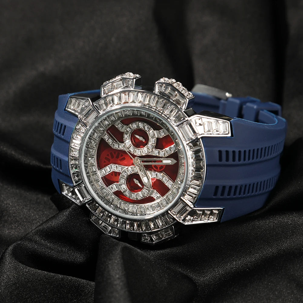 Iced Out Round Quartz Watch For Men Stainless Steel Sports Waterproof Type Fashion Red Dial Plate Anniversary Gift