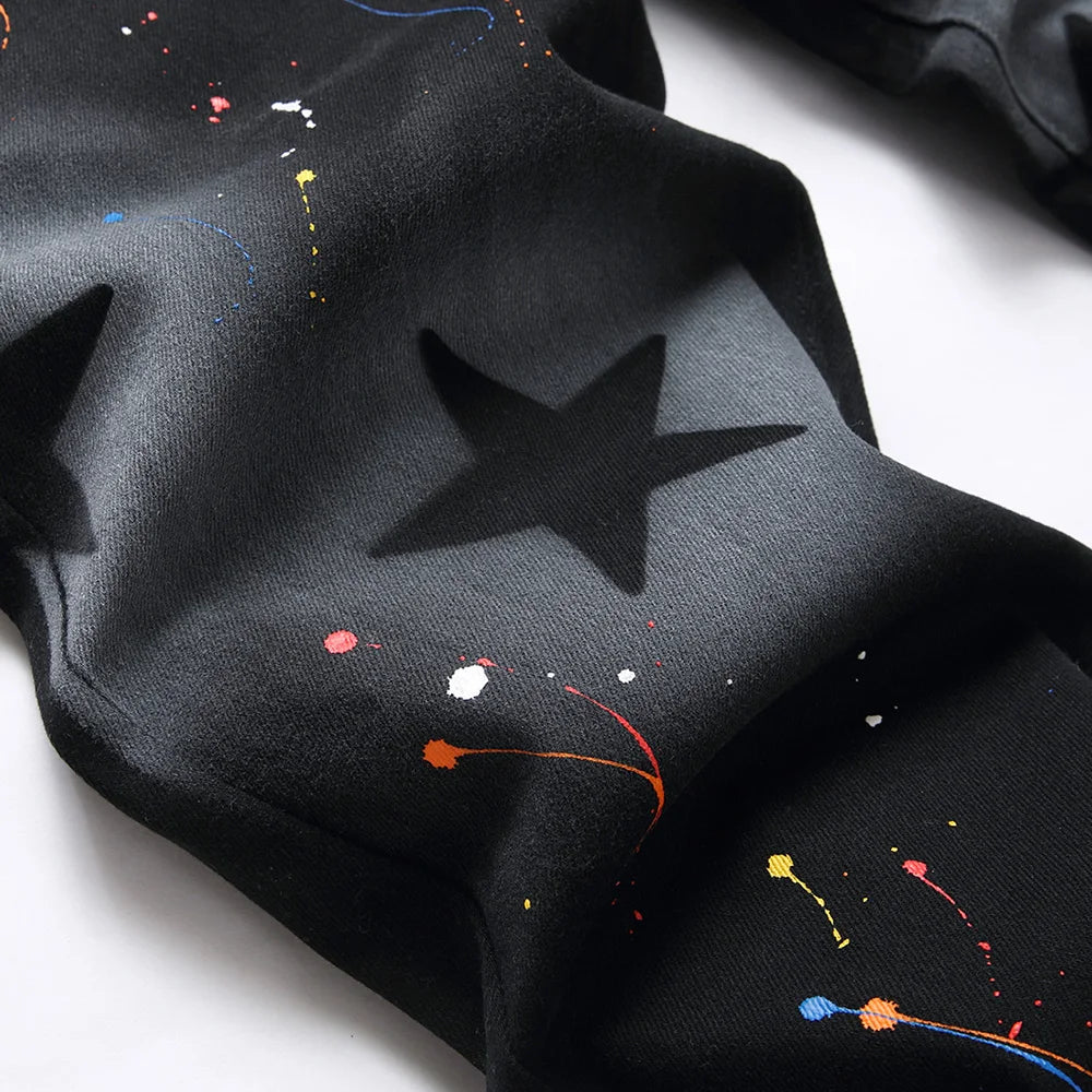 Men Star Painted Denim Jeans Casual Graffiti Print Slim Straight Pants Black Stretch Cotton Spandex Trousers