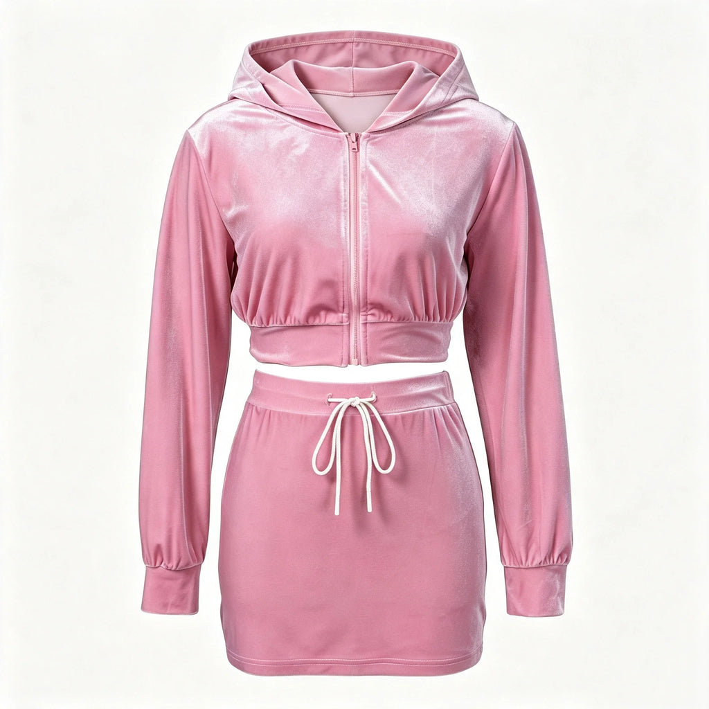 Women Pink Velvet 2 Piece Cropped Zip Up Hoodie Jacket