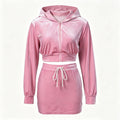 Women Pink Velvet 2 Piece Cropped Zip Up Hoodie Jacket