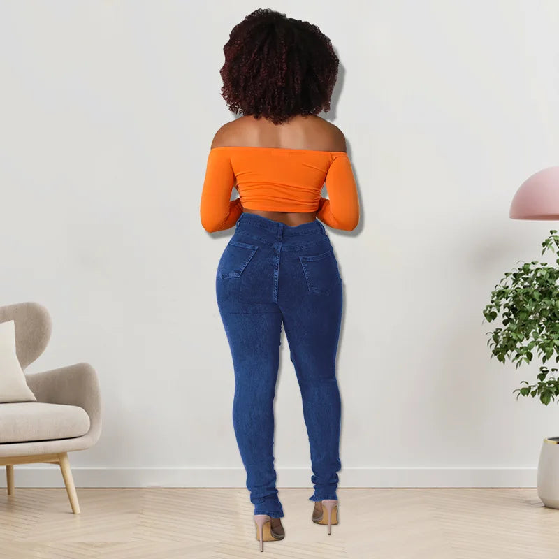 Street Personality Corns Rope Sexy High-wasit Jeans. Ladies Summer Fashion Comfortable Casual Washed Denim Small Leg Pants Women