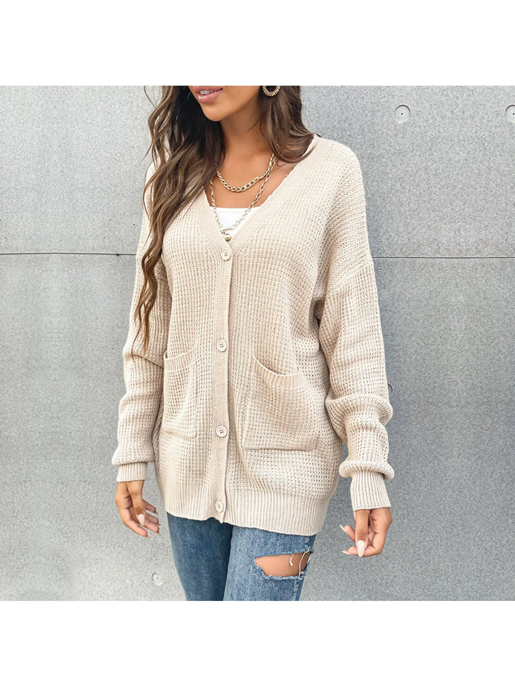 V-Neck Button Pocket Cardigan Sweater Coat for Women