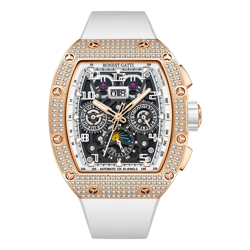 Men Automatic Mechanical Watch Stainless Steel Skeleton Dial Sapphire Glass Waterproof Luxury Moissanite Wristwatch