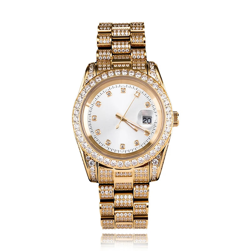 Rolex Style  Date Quartz Watch Waterproof Watches Iced  Out Stone Paved Bling Iced Out Stainless Steel Watch for Men Charm Jewelry