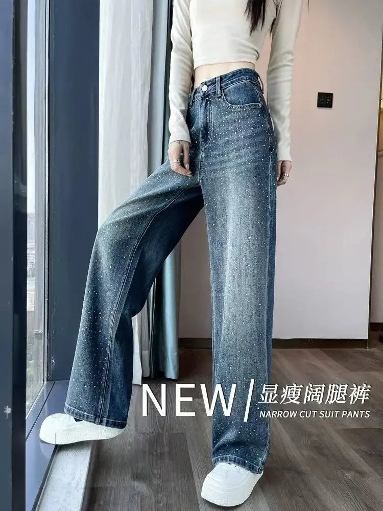 Autumn Women's Clothing Rhinestone Pendant Design High Waist Wash Jeans Women's Loose Slimming Straight-Leg Pants