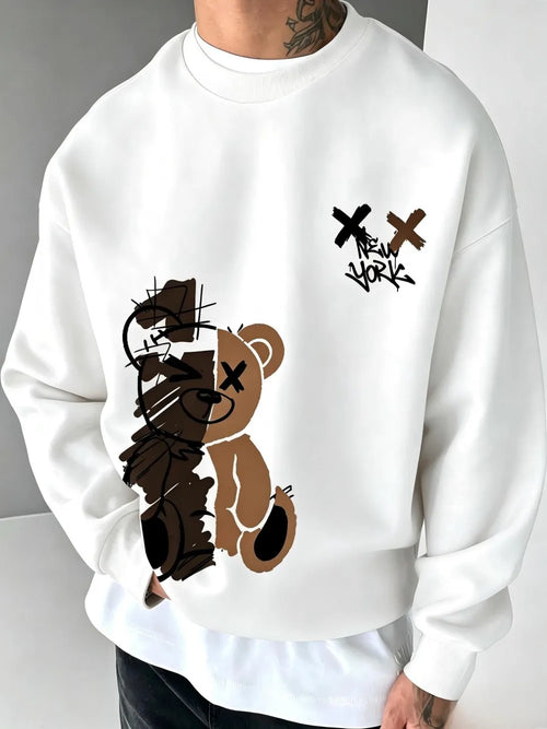 American men's autumn spliced teddy bear letter print soft and comfortable round neck long sleeved T-shirt outdoor casual top